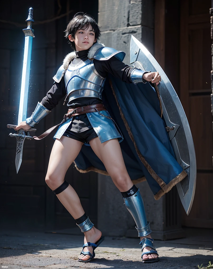 Young 13-year-old boy with black hair and brown eyes, innocent and happy, dressed in short neon-blue medieval barbarian clothes, fur shorts, light-blue battle armor, weilding silver sword and shield, sandals; fullbody; short hair, boyish athletic, sexy, medieval background