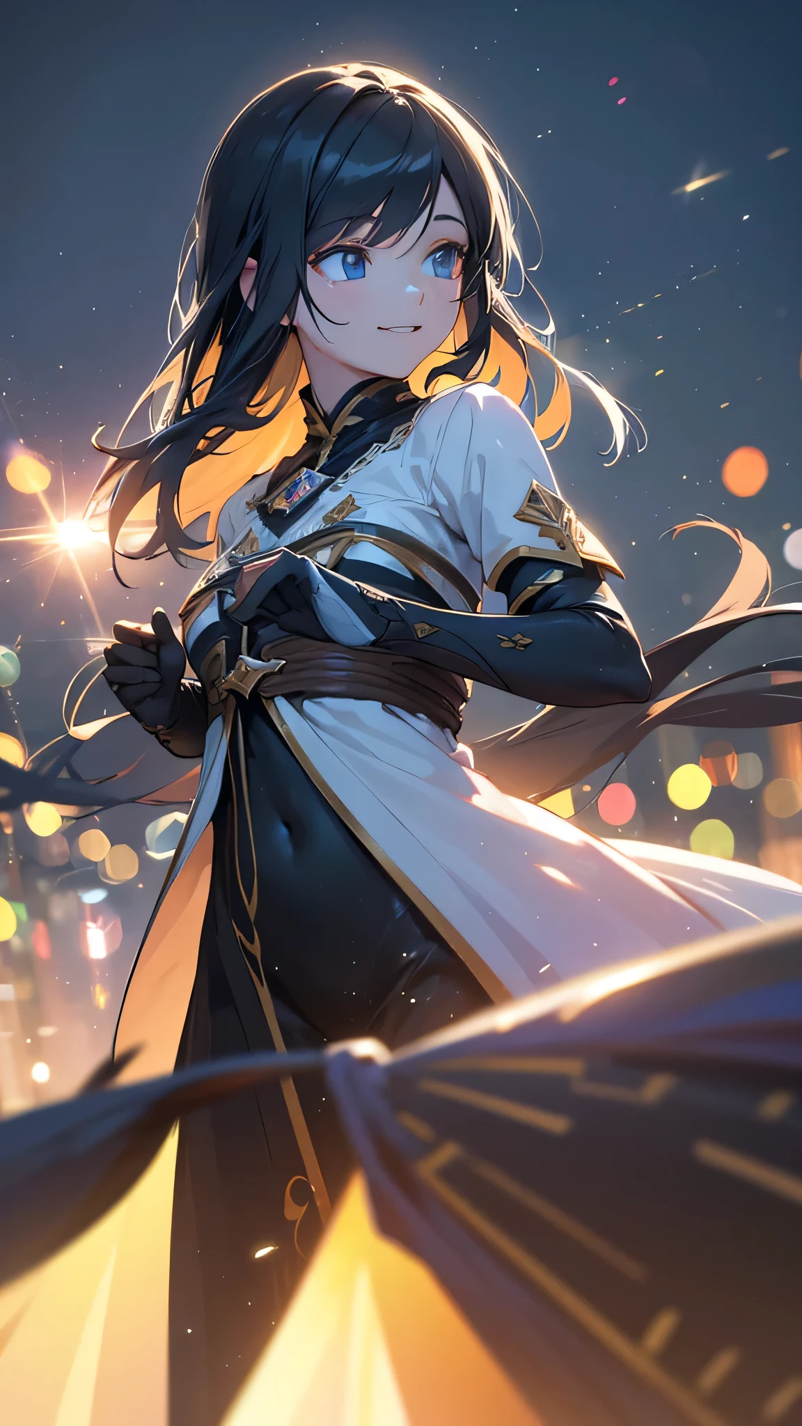 1girl,falling from the sky,long black hair,light blue eyes,,smiling,fantasy,particles of light,best quality,4k,8k,highres,masterpiece:1.2,ultra-detailed,realistic,photorealistic,photo-realistic:1.37,hdr,uhd,studio lighting,ultra-fine painting,sharp focus,physically-based rendering,extreme detail description,professional,vivid colors,bokeh