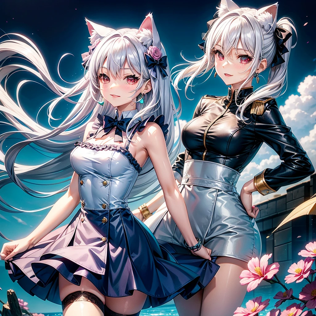 Silver hair, pink eyes, body, cat ears, adult girl, earrings, flower sky background, aqua blue gold uniform, hair bows, happy face, thigh up