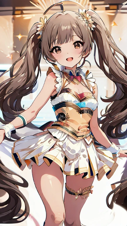 masterpiece, best quality, 4k, caustics, high details, sparkle, front view, solo live, dancing, 1girl, ****ta, twin tails, 1ahoge, flaxen color hair, straight bangs, (gold color eyes), droopy eyes, sparkling eyes, flat chest, small breasts, slender, super happy smile, open mouth, extreamely detailed background, live stage, neon light, many audience, cute kimono, light pink costume, mini skirt, thigh-high socks, boots, hold the microphone in your hand, sing a song, singing, illuminated by a spotlight, Backlit