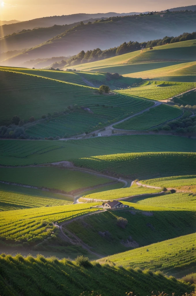 a lush, rolling grape vineyard, beautiful detailed landscape, golden sunlight, vibrant green vines, ripe purple grapes, (best quality,4k,8k,highres,masterpiece:1.2),ultra-detailed,(realistic,photorealistic,photo-realistic:1.37),landscape,cinematic lighting,dramatic shadows,warm color tones,nature scenery,scenic countryside,idyllic countryside view,countryside landscape,golden hour lighting