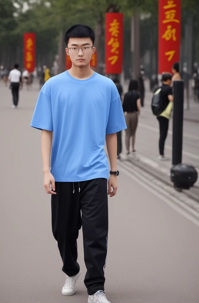 21 year old Beijing boy, he is wearing a oversize xxl blue plain t-shirt, he is wearing black trousers, he is wearing sneakers, he is wearing glasses, street, full body,  he is buzz cut Hair, foot, walking 