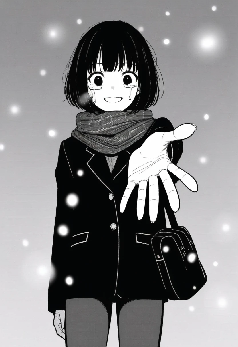 masterpiece, best quality, 1girl, mamerakkkkko, grayscale, manga style, japanese, chi no wadachi, black eyes, street, iced, black hair, schoolbag, smile, lineart, black coat, black scarf, black pleated skirt, leggins, centered, 18 years old, tall, fair skinned, bokeh background, crying, tears, tears streaming, bob cut, light particles, centered, snowing, (((reaching out left hand to viewer, perfect hand, detailed hand:1.1))

