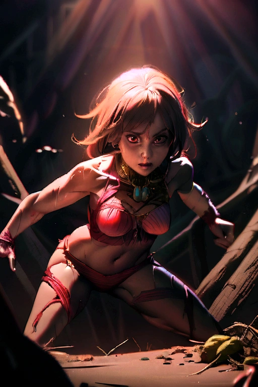 dead rotting bloodthirsty evil zombie, Kamala Khan a.k.a. Ms.Marvel, comic accurate costume,  bloody, evil look, psychotic, ripped clothes, torn apart costume,  combat stance, highly detailed, vibrant appearance, creative behavior, extremly detailed, imaginative, sensual, spontaneous, small ???????, sexi, revealing, highest quality, skin texture, intricate details, (cinematic lighting), RAW photo, 8k, masterpiece,best quality,ultra-detailed,very detailed illustrations,extremely detailed,intricate details,highres,super complex details,extremely detailed 8k cg wallpaper,