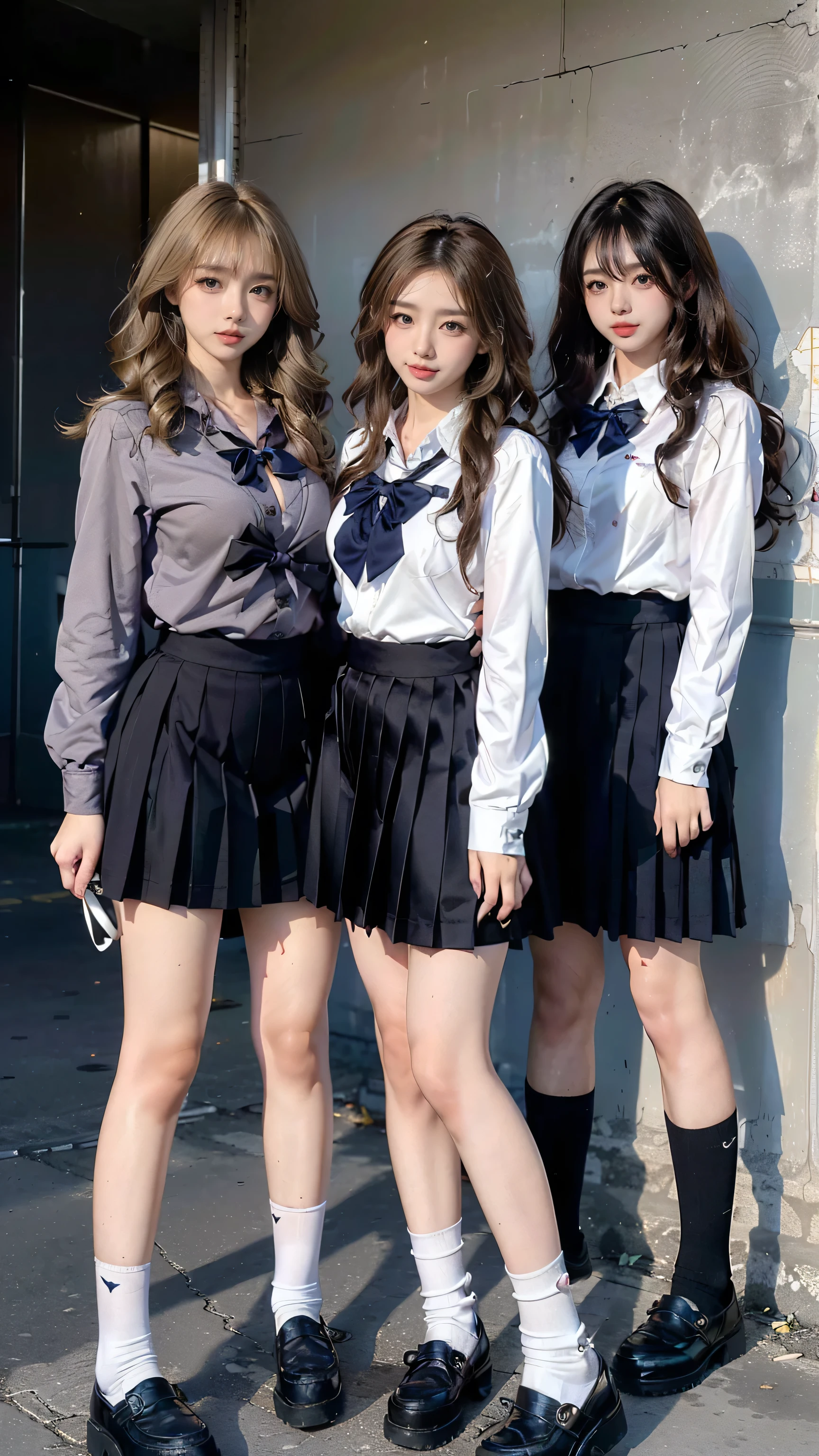 (scene; (Two women:1.8)), gal, (Two high school girls), (Shopping mall, Shopping Street, street, Outdoor), (Full body portrait, Photograph the whole body, Are standing, Doing sexy poses), (Tall, Thin thighs, Elongated arms and legs, Small waist, Small Ass), ((Highly detailed skin), Beautiful realistic face, White skin, Pointed Chest, Perfect ???????, Realistic eyes, Natural eyes, Brown eyes, Accurate eye focus, Accurate limbs), (hyper realist, Ultra-realistic, 4K, Attention to detail, Ultra-high resolution, Highest quality, masterpiece, Presence, dynamic, Uplifting, bold, Sharpness), (Big Breasts:1.5), (Cleavage:1.5), (Blonde long hair:1.5, loose wavy long hair:1.5, Loose curly hair:1.5), (sleek bangs), (Twin tail hair), ((White collared shirt, Navy pleated mini skirt, Navy colored socks, Black loafers, Ribbon tie)), High school girl in uniform, Surreal high school girl, tall, High school girls in uniform, smile, Emphasis on cleavage, (Are standingTwo high school girls:1.8),