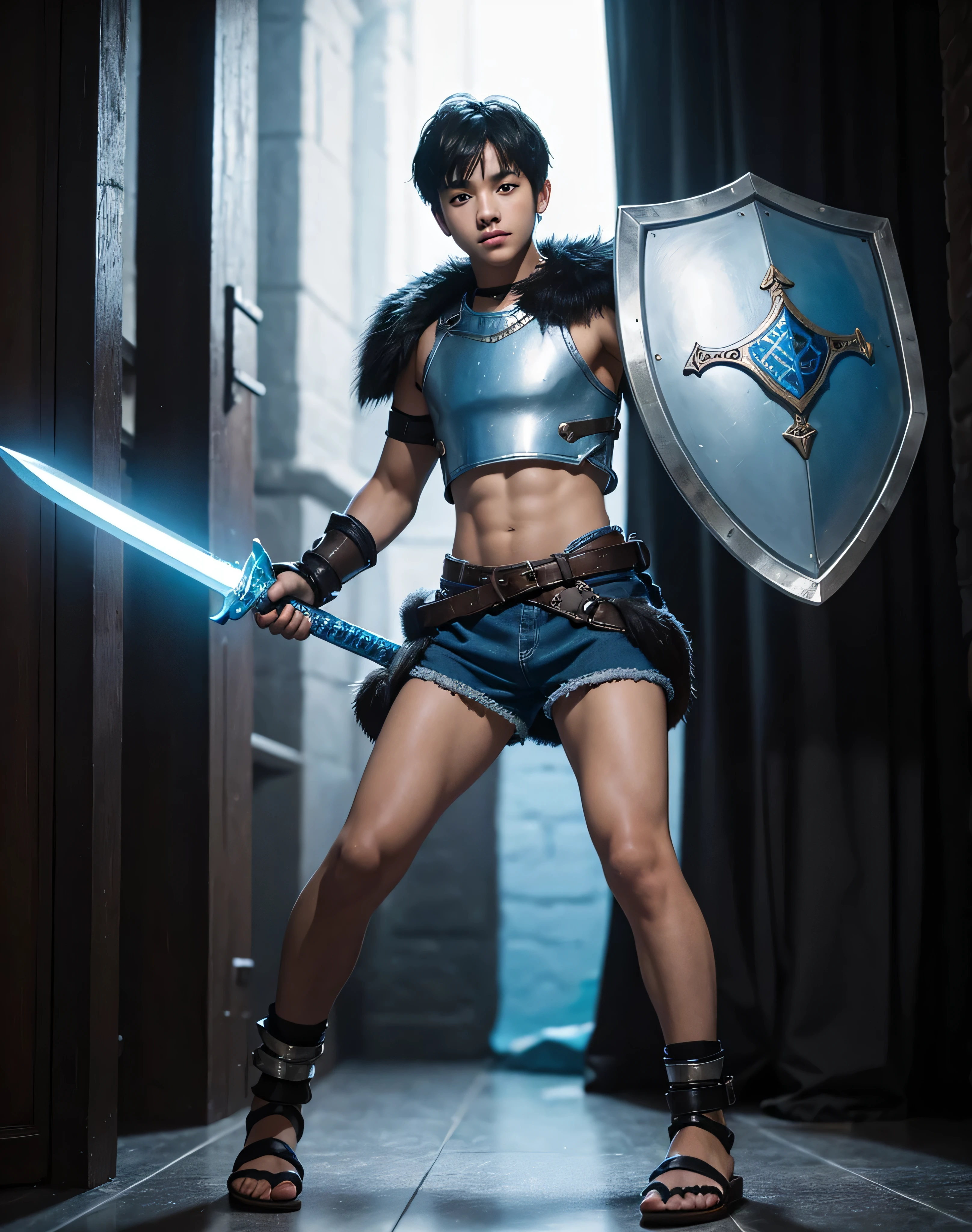 Young 13-year-old boy with black hair and brown eyes, innocent and happy, dressed in short neon-blue medieval barbarian clothes, fur shorts, light-blue battle armor, weilding silver sword and shield, sandals; fullbody; short hair, boyish athletic, sexy, medieval background