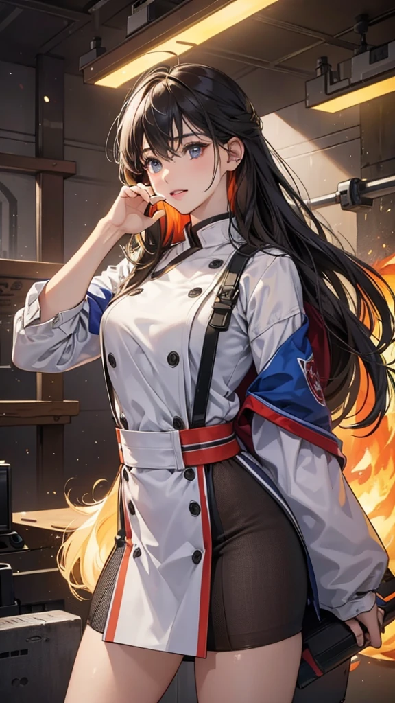 ((masterpiece, Better Quality)),figure,Ultra high definition 8K,Realistic,Sharp focus,Very detailed,Professional Lighting,Colorful details,Rainbow colors break the factory's very long schedule,Construction of large mechanical robots,Microchip,computer,Shiny, Intricate details,Shitmeka,A girl standing next to a machine, Gundam, belly button, cute, sexy, Eyes are super detailed,