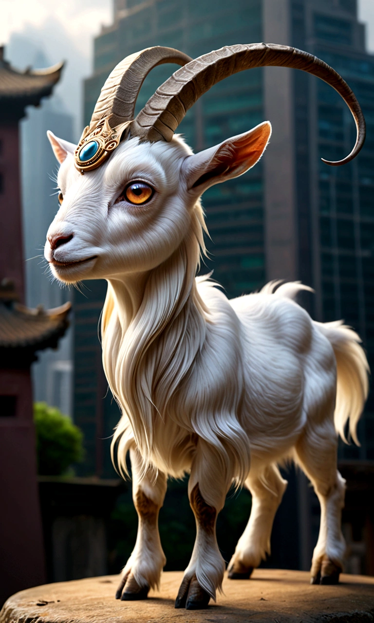 山林里的神秘Fantasy Creatures, (Goat-like appearance,No eyes,There is a big eye on the back, Four ears, Nine long tails) Side View (best quality, 4K, 8K, High-rise, masterpiece: 1.2), Ultrafine, (Practical, photo Practical, photo Practical: 1.37), Detailed Animals, complex pattern, Dramatic Lighting, Fantasy Creatures