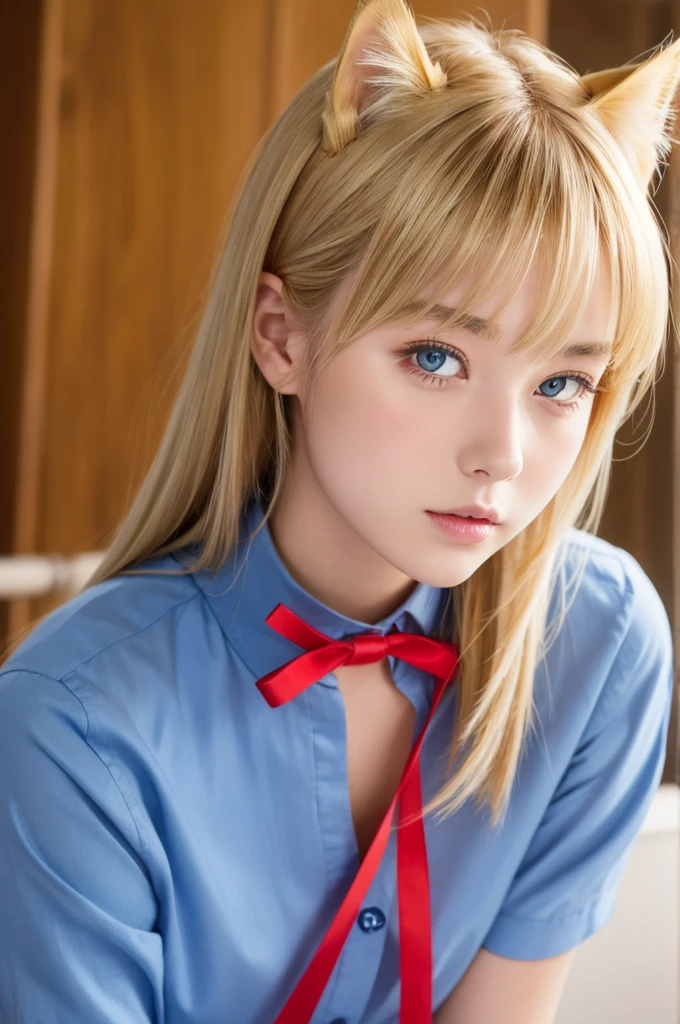 A blonde girl with golden cat ears。Hairstyle is short、Eye colorBlue。Blue shirt with red ribbon