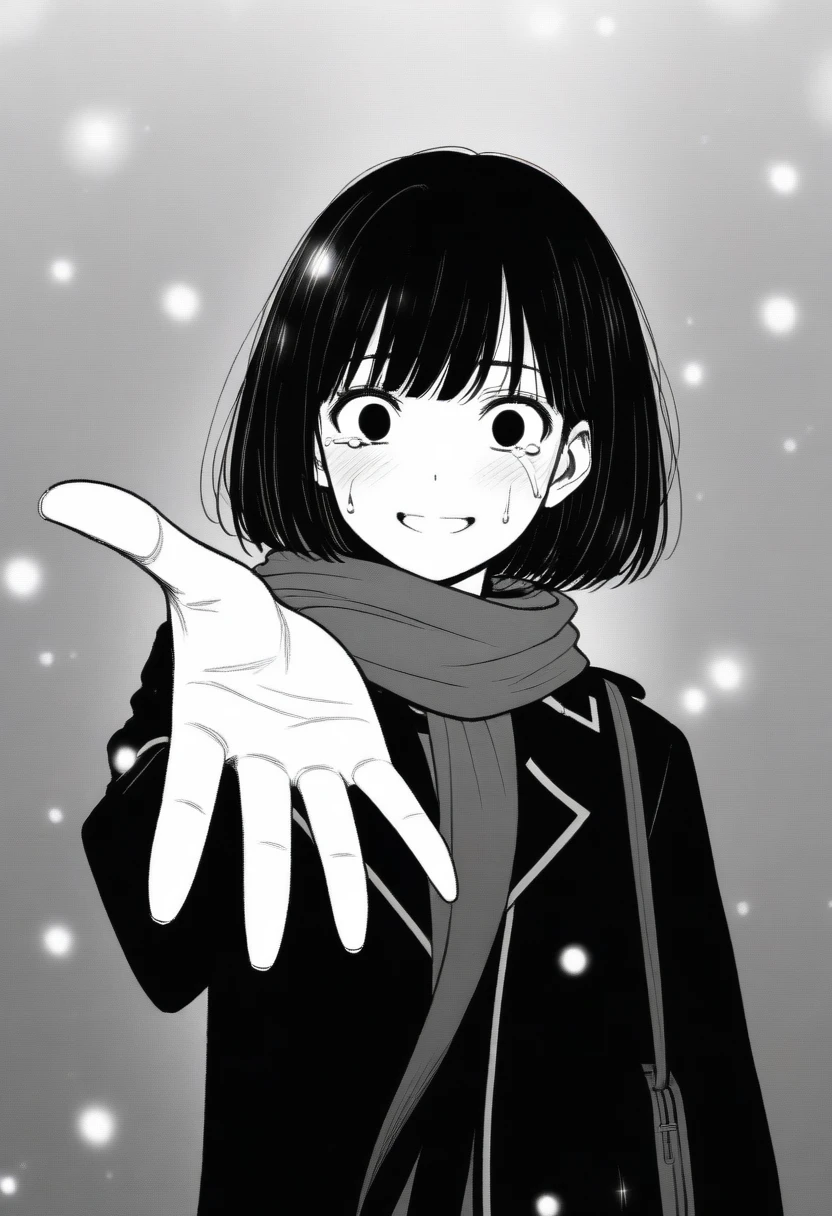 masterpiece, best quality, 1girl, mamerakkkkko, grayscale, manga style, japanese, chi no wadachi, black eyes, street, iced, black hair, schoolbag, smile, lineart, black coat, black scarf, black pleated skirt, leggins, centered, 18 years old, tall, fair skinned, bokeh background, crying, tears, tears streaming, bob cut, light particles, centered, snowing, (((reaching out left hand to viewer, perfect hand, detailed hand:1.1)), emotional anime scene
