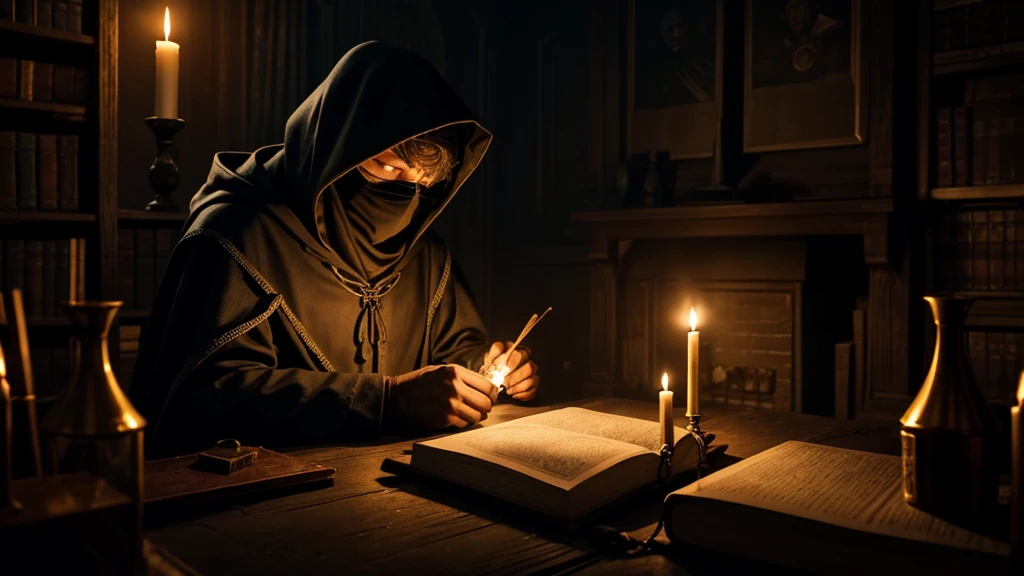 a wizard with his face covered by the shadow of his hood doing experiments inside a dark room, with candlelight and surrounded by books 