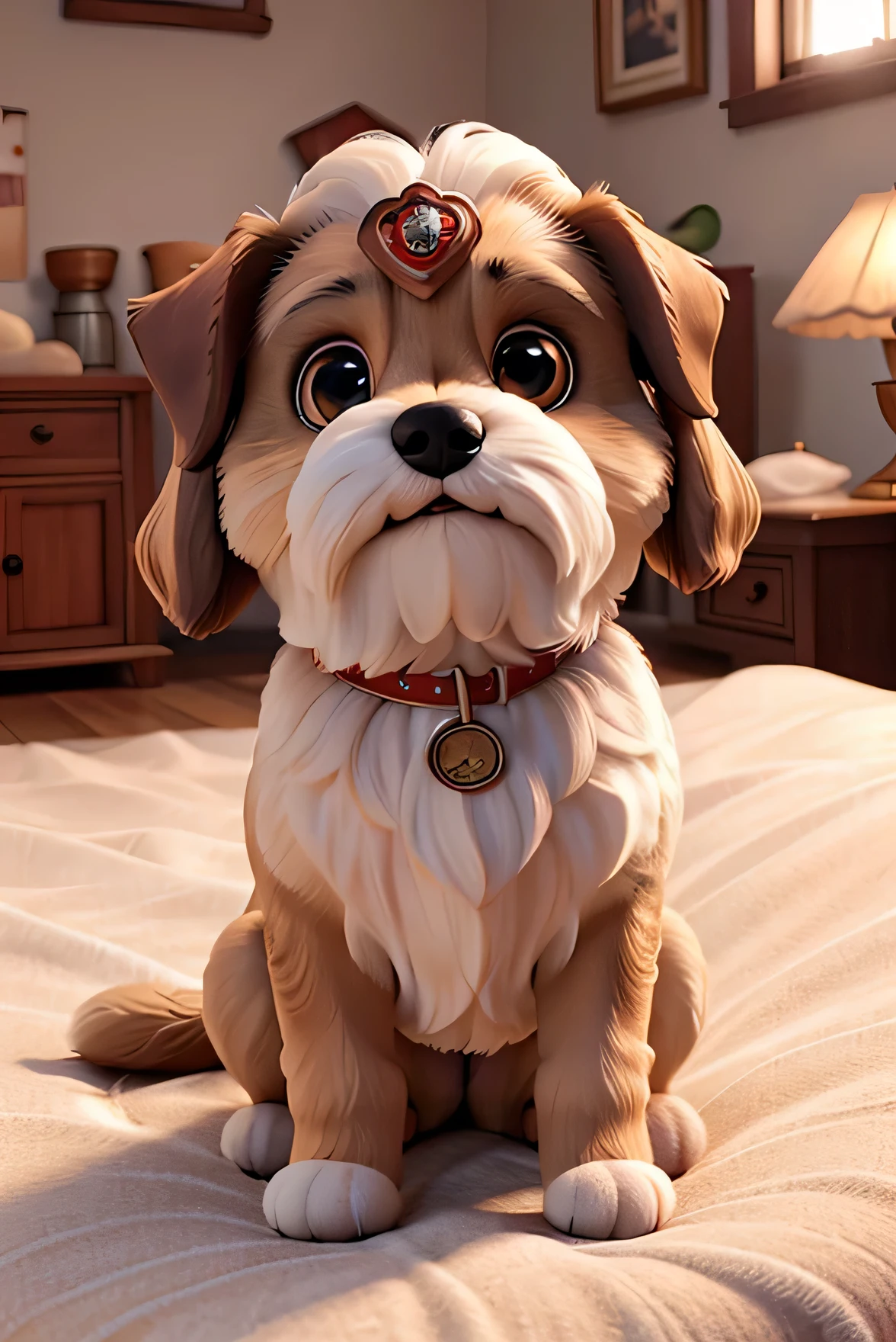 detailed lhasa apso dog, lying on bed, sleeping, fluffy fur, cute expression, peaceful, soft bed, cozy atmosphere, natural lighting, warm colors, realistic, photorealistic, 8k, masterpiece, professional