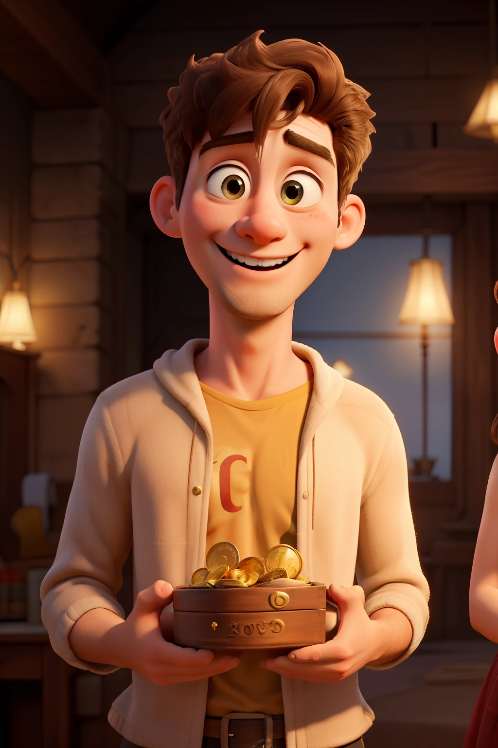draw a happy man and woman with chests full of gold coins, precious jewels, and Jesus