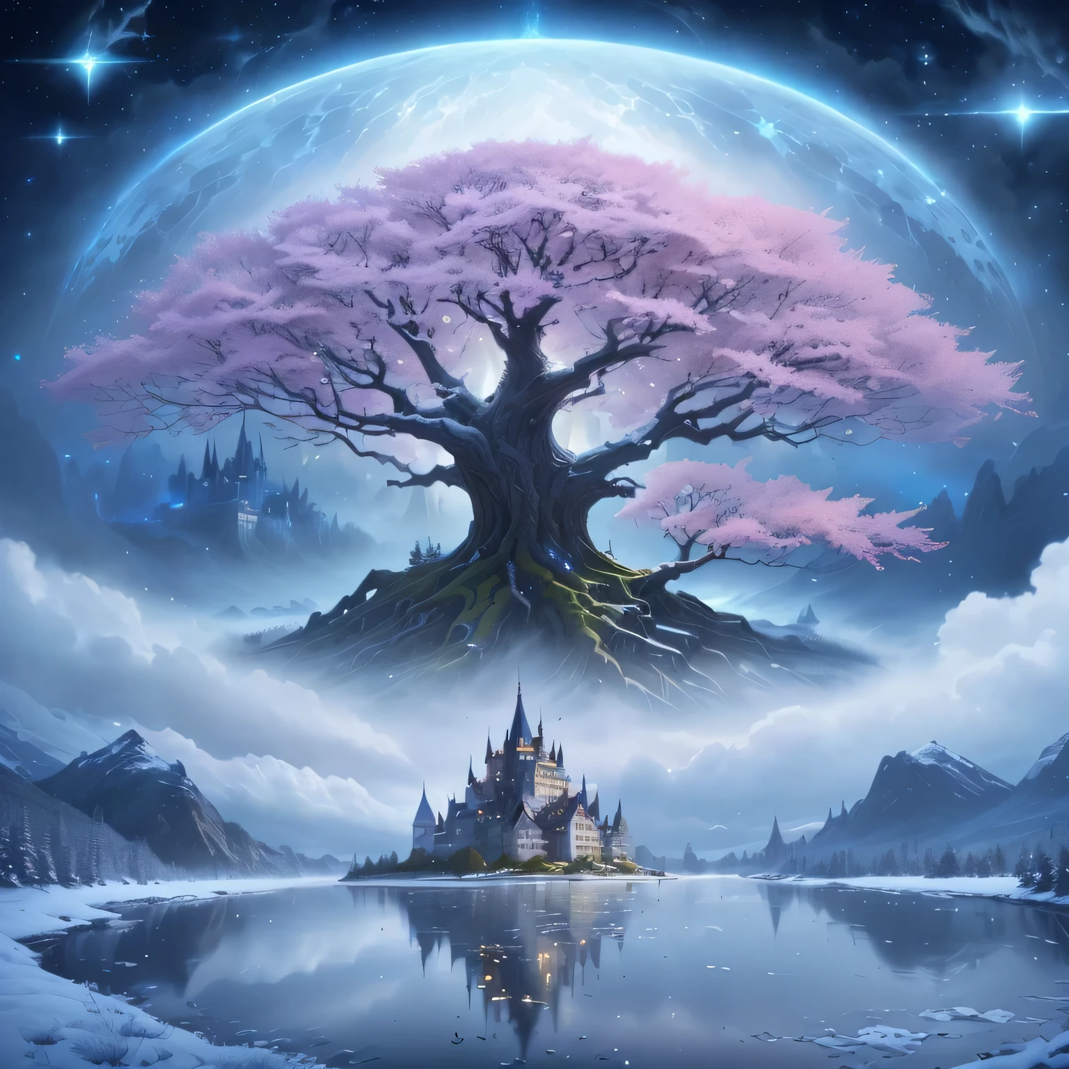 There is a castle in the middle of the lake,painting with a tree in the middle, fantasy tree, 4k detail fantasy, kingdom hearts worlds, Background artwork, Official artwork with high detail, Detailed fantasy digital art, 4k highly detailed digital art, 4K fantasy art, Beautiful and detailed fantasy, fantasy very detailed, magic tree, Whimsical fantasy landscape art, 4k detailed digital art