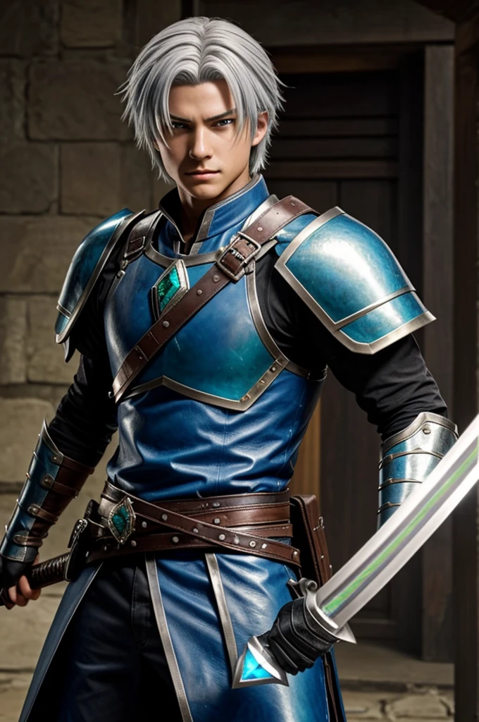 I want a character that is 15 years old male that has white hair green eyes that has a katana with a blue gem that I have leather armor with one with gray iron gauntlets