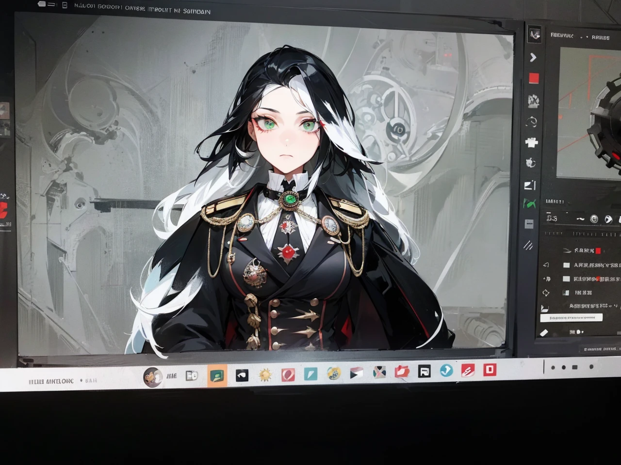 a millitary general with black and white hair, a red and green clockwork eyes.
