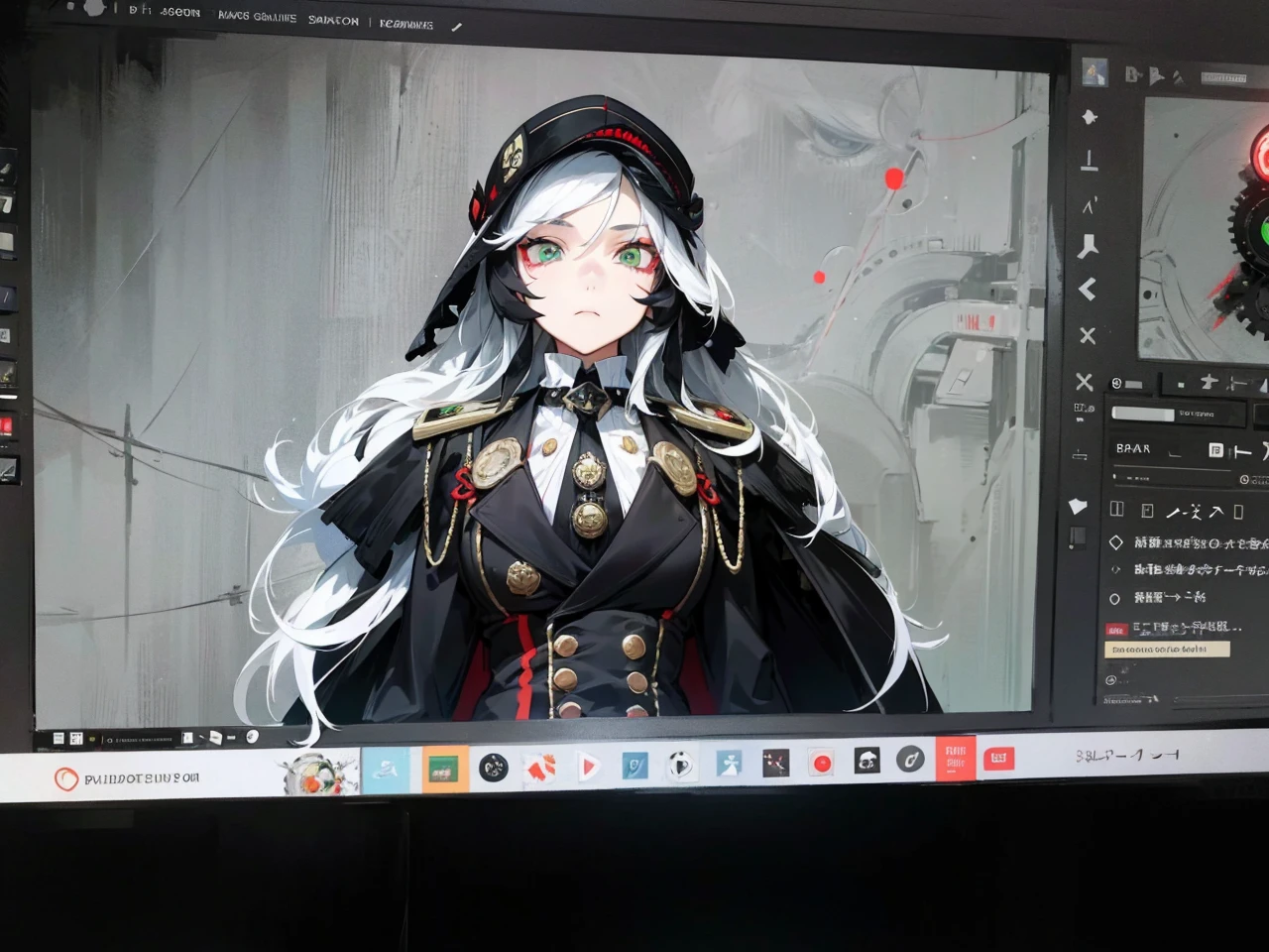 a millitary general with black and white hair, a red and green clockwork eyes.