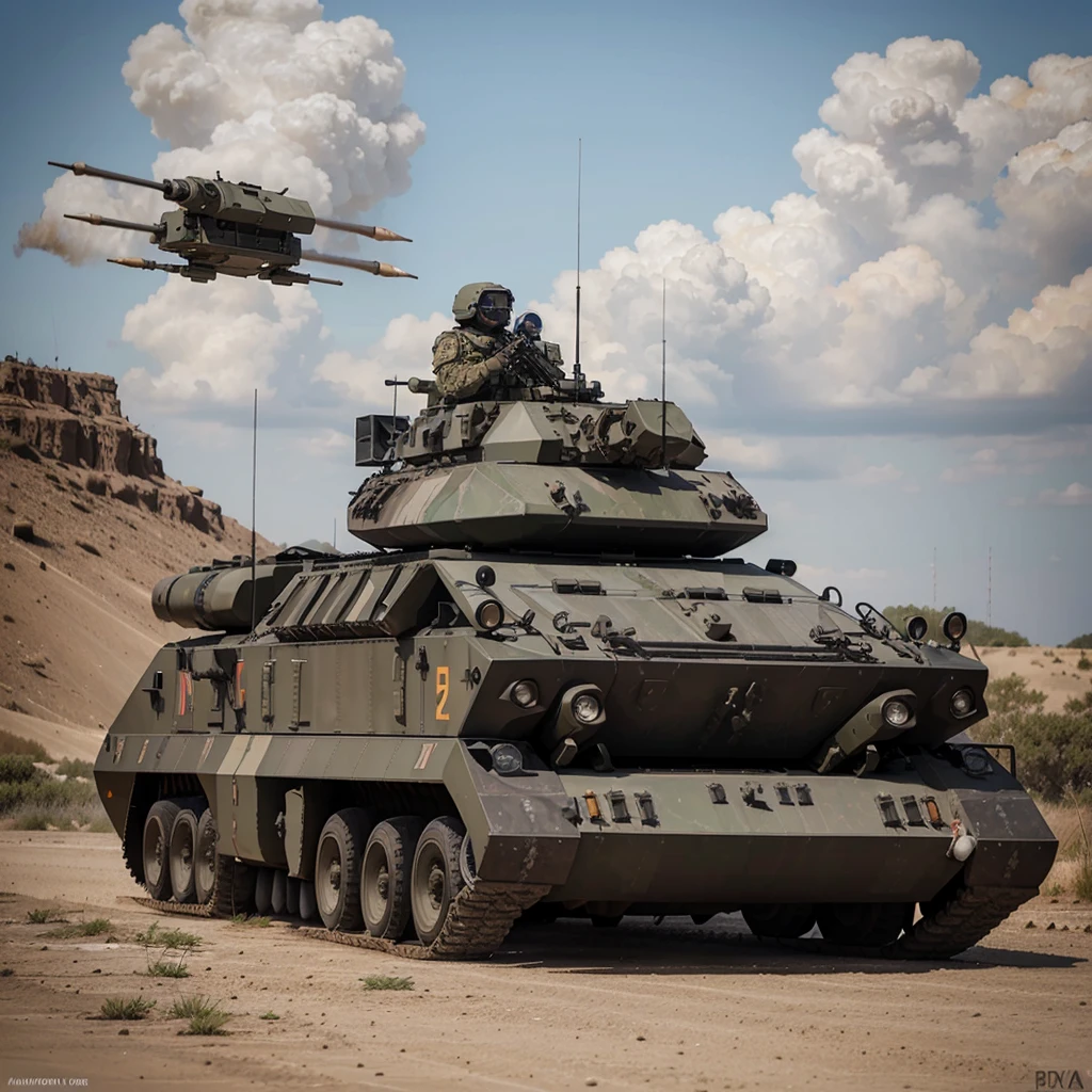 Draw a military armored vehicle, Have a small rocket launcher mounted on it.