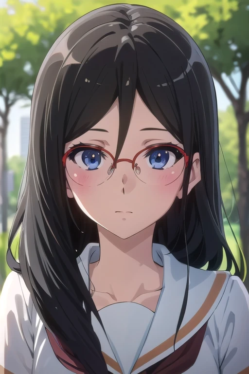 คุณภาพดีatสุด, Masterpiece, high res, alone, {Thanaka_Asuka_euphonium sound:1.15} (park:1.13), , black_hair, long_hair, glasses, light blue_eyes, Blush, red frame_glasses, Seraph, beyond the edge_glasses, semi borderless_glasses, hair_between_eyes, 1 girl, (School uniform_brown:1.2), look_at_viewer, เดินเล่นในpark, 