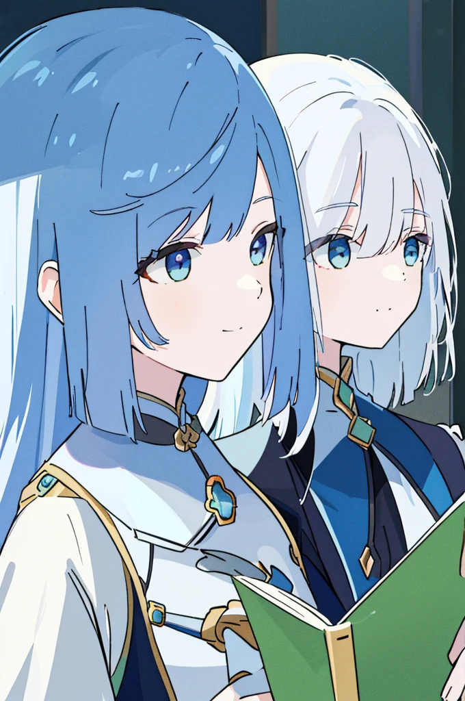 Super detailed,(Highest quality),((masterpiece)),(High resolution),original,very, Blue Hair, White Hair, Two Women, Detailed face, smile