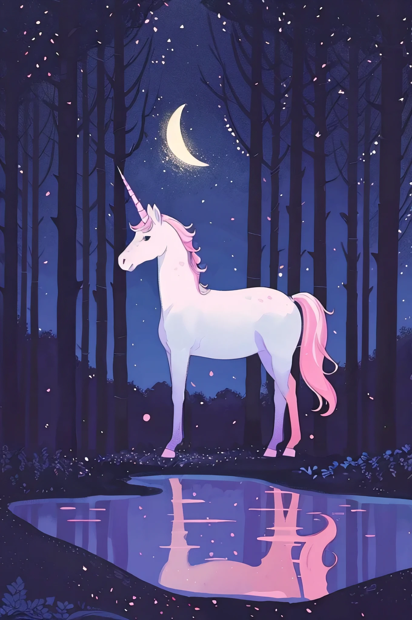 a cartoon drawn unicorn, colorful and minimalistic style, magical forest, 8k, high quality, intricate details, vibrant colors, soft lighting, clean lines, elegant, whimsical, dreamlike