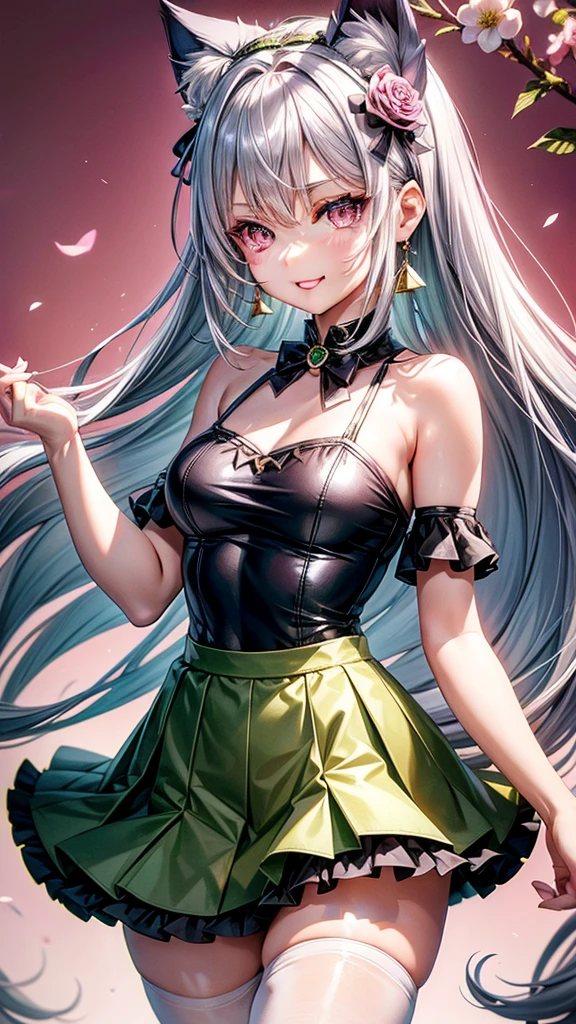 Silver hair, pink eyes, body, cat ears, sexy girl, earrings, flower background, green uniform, hair bows, happy face, thigh up