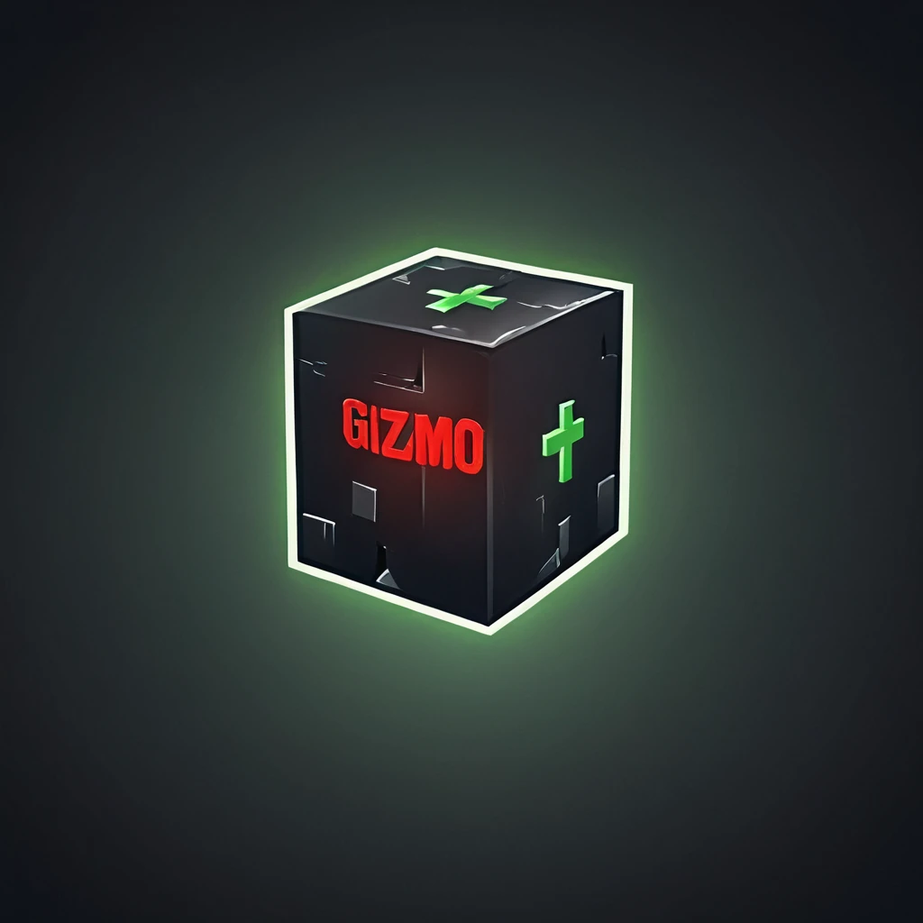 logomkrdsxl,an  edgy logo  of a 3D Cube with Cross ,  vector, text "Gizmo",  best quality, masterpiece,Army , brand, dark background, glowing red eyes,