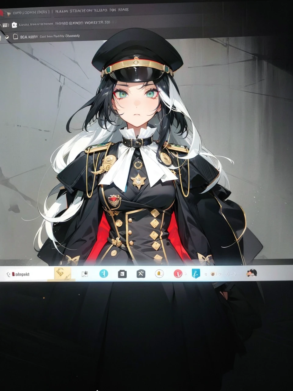 a millitary general with black and white hair, a red and green clockwork eyes.