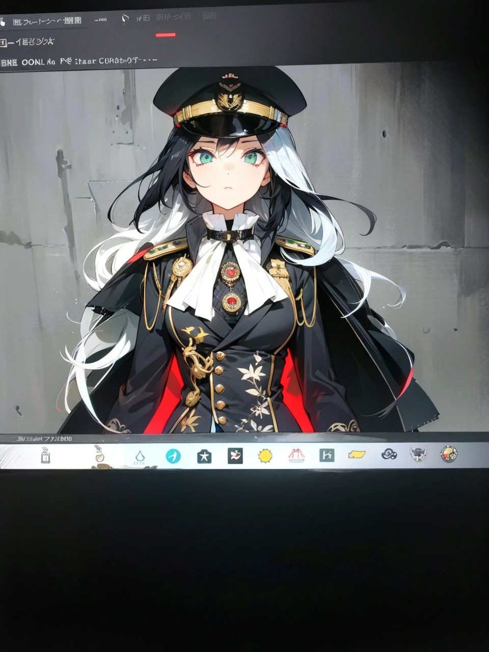 a millitary general with black and white hair, a red and green clockwork eyes.