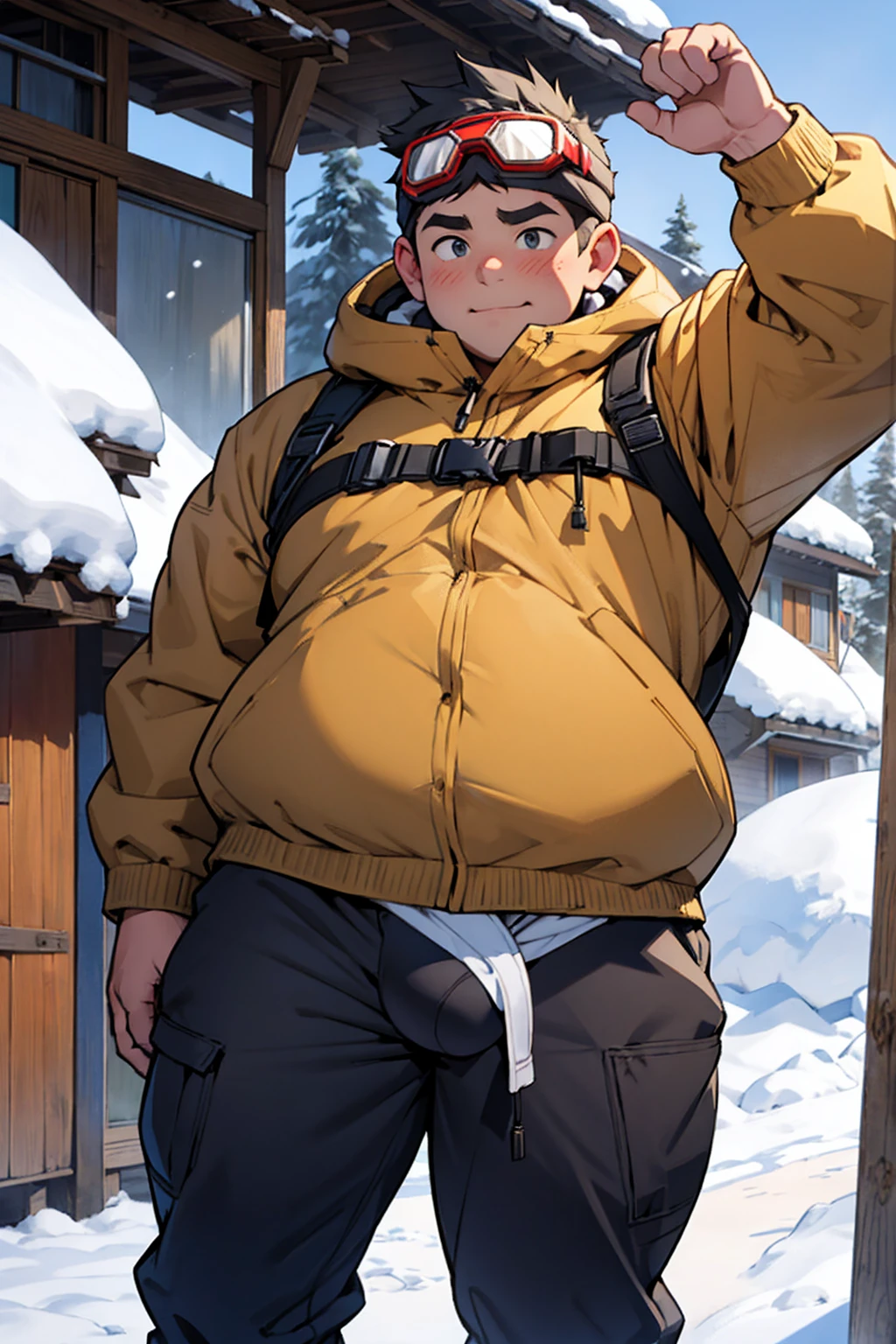 Draw a chubby cute boy,Stand in front of a hut in the snow。Goggles are worn on the forehead,Wear thick adventure clothing,The clothes are open to reveal the belly,Chubby 18 year old boy,The crotch protrudes,pupils,prominent pubis,Shy,The crotch protrudes,Protruding pubis,The crotch is raised