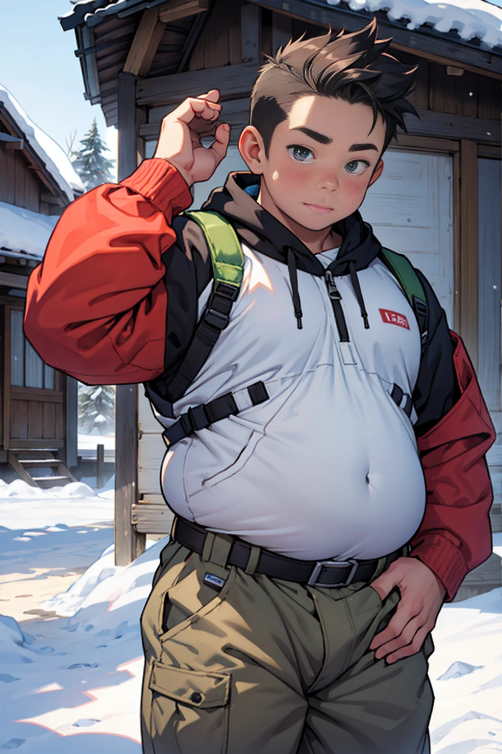 Draw a chubby cute boy，Stand in front of a hut in the snow。Goggles are worn on the forehead，Wear thick adventure clothing，The clothes are open to reveal the belly，Chubby 18 year old boy，The crotch protrudes，pupils，prominent pubis，Shy，The crotch protrudes，Protruding pubis，The crotch is raised