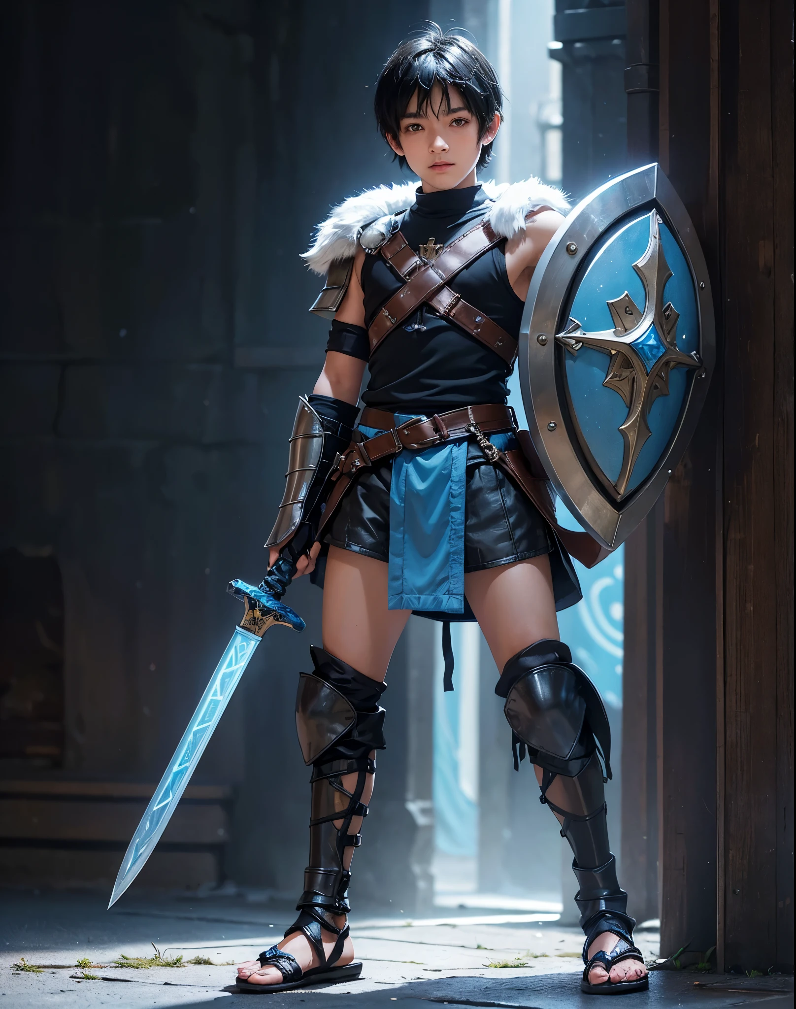 Young 13-year-old boy with black hair and brown eyes, innocent and happy, dressed in short neon-blue medieval barbarian clothes, fur shorts, light-blue battle armor, weilding silver sword and shield, sandals; fullbody; short hair, boyish athletic, sexy, medieval background