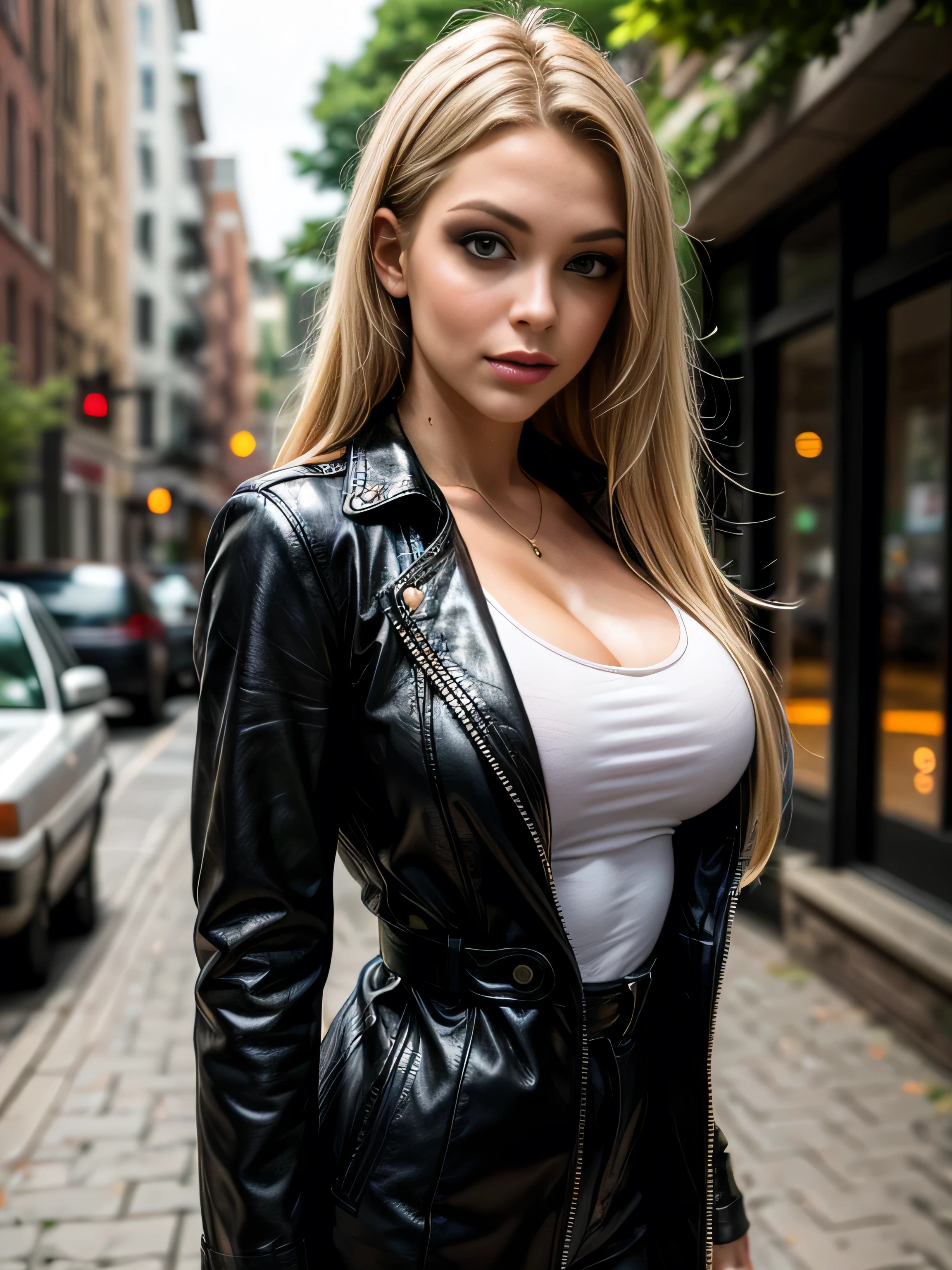 (masterpiece, photorealistic:1.4, extremely intricate:1.3, radiosity, photon mapping, dtx), ((20 year old muscular supermodel, ((25 years old), serious, long eyelashes, makeup:1.3), black leather trench coat, black leather pants, cleavage t-shirt, ((((chrome rivets)), side view:0.8)))), ((([skin detail:freckles:0.7], portrait))), outdoor, park, faraway lake, professional photograph, (long curly [blonde hair:orange hair:0.2], wind), BREAK ((sunset), bokeh, blurry background), BREAK, ((([medium breasts:large breasts:0.3])))