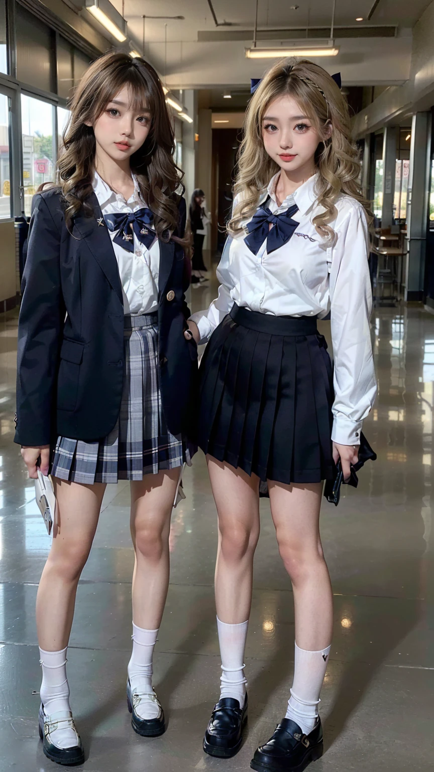 (scene; (Two women:1.8)), Gal, (Two high school girls), (Shopping mall, Shopping Street, street, Outdoor), (Full body portrait, Photograph the whole body, Are standing, Doing sexy poses), (Tall, Thin thighs, Elongated arms and legs, Small waist, Small Ass), ((Highly detailed skin), Beautiful realistic face, White skin, Pointed Chest, Perfect Anatomy, Realistic eyes, Natural Eyes, Brown eyes, Accurate eye focus, Accurate limbs), (Hyper Realist, Ultra-realistic, 4K, Attention to detail, Ultra-high resolution, Highest quality, masterpiece, Presence, dynamic, Uplifting, bold, Sharpness), (Big Breasts:1.5), (Cleavage:1.5), (Blonde long hair:1.5, loose wavy long hair:1.5, Loose curly hair:1.5), (sleek bangs), (Twin tail hair), ((White collared shirt, Navy pleated mini skirt, Navy colored socks, Black loafers, Ribbon tie)), High school girl in uniform, Surreal high school girl, tall, High school girls in uniform, smile, Cleavageを強調, (Are standingTwo high school girls:1.8),