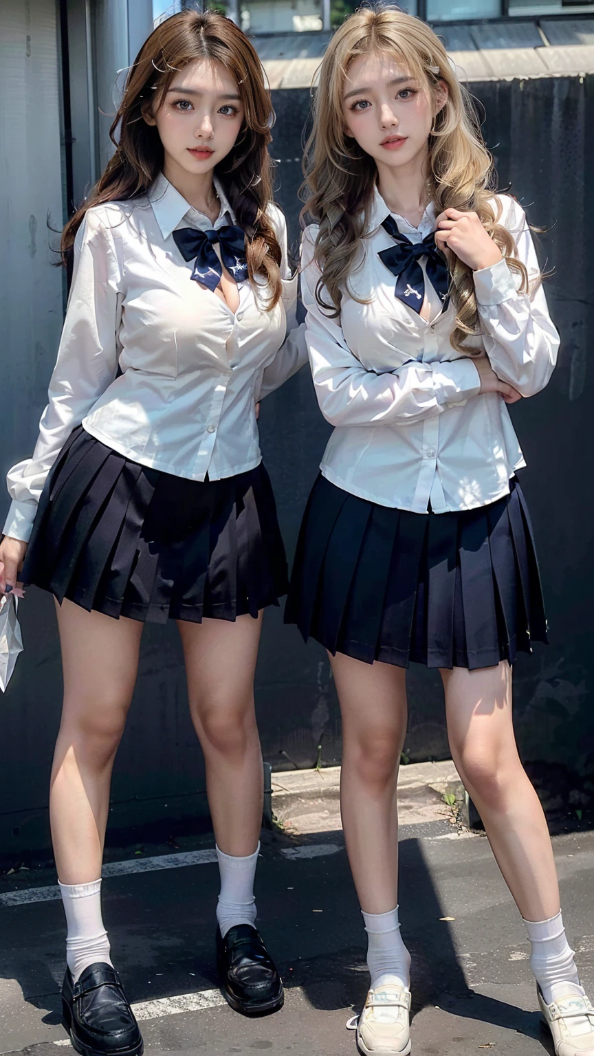 (scene; (Two women:1.8)), Gal, (Two high school girls), (Shopping mall, Shopping Street, street, Outdoor), (Full body portrait, Photograph the whole body, Are standing, Doing sexy poses), (Tall, Thin thighs, Elongated arms and legs, Small waist, Small Ass), ((Highly detailed skin), Beautiful realistic face, White skin, Pointed Chest, Perfect Anatomy, Realistic eyes, Natural Eyes, Brown eyes, Accurate eye focus, Accurate limbs), (Hyper Realist, Ultra-realistic, 4K, Attention to detail, Ultra-high resolution, Highest quality, masterpiece, Presence, dynamic, Uplifting, bold, Sharpness), (Big Breasts:1.5), (Cleavage:1.5), (Blonde long hair:1.5, loose wavy long hair:1.5, Loose curly hair:1.5), (sleek bangs), (Twin tail hair), ((White collared shirt, Navy pleated mini skirt, Navy colored socks, Black loafers, Ribbon tie)), High school girl in uniform, Surreal high school girl, tall, High school girls in uniform, smile, Cleavageを強調, (Are standingTwo high school girls:1.8),