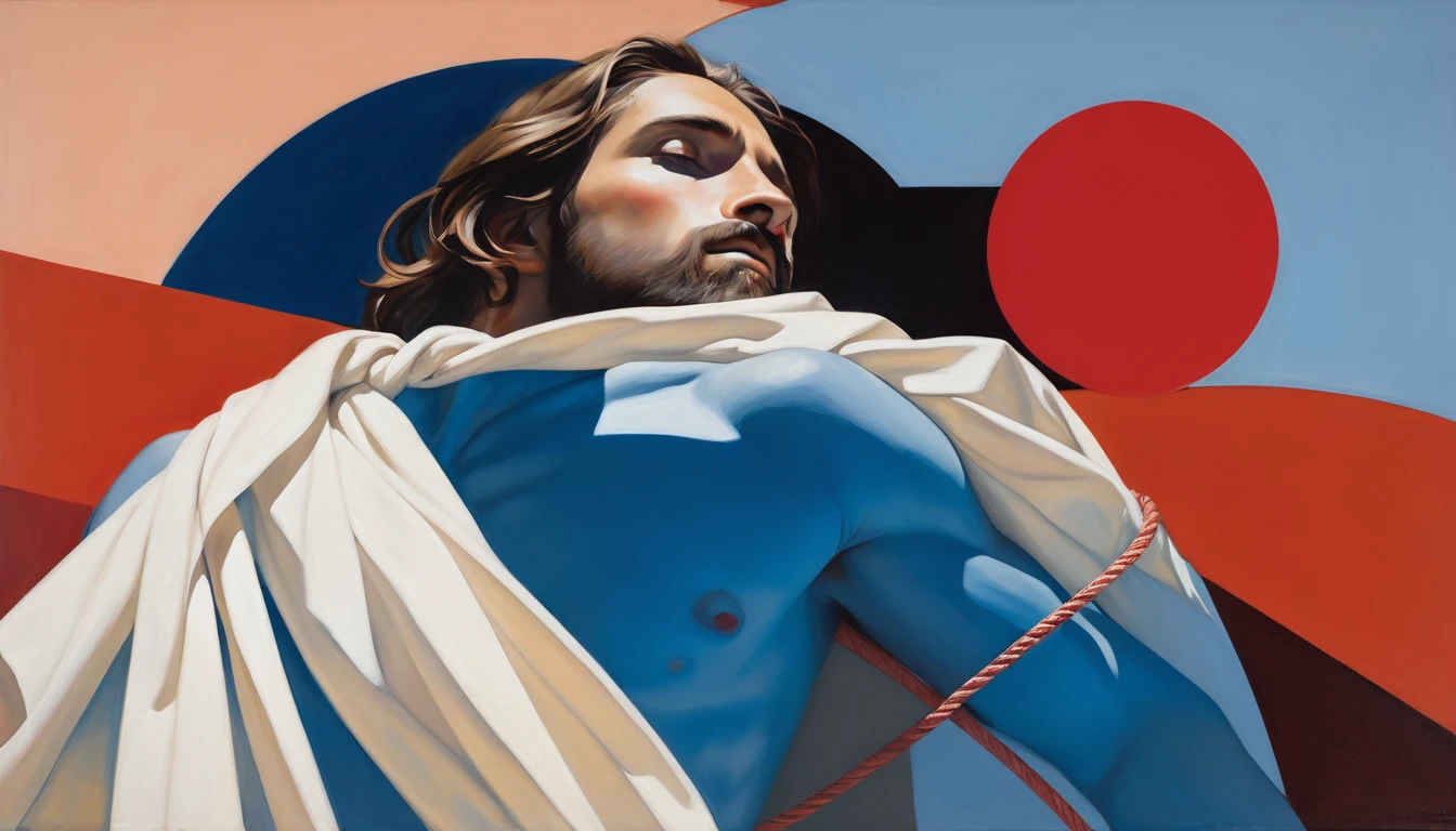 chiaroscuro technique on sensual illustration of an arafed man in white blanket, sexy masculine, model with attractive body, inspired by Ludovit Fulla, mid-shot of a hunky, the model draped in flowing, thick oil painting by Harumi Hironaka, extremely soft colors, vibrant, highly detailed, malcolm liepke painting, oil on canvas, high contrast, dramatic, refined, tonal, Create high contrast between light and shadow by Leon Polk Smith, memphis abstract minimal art, graphic shapes, minimal art, blue and red, minimal art style, bauhaus art, inspired by El Lissitzky, bold simple shapes, shadow