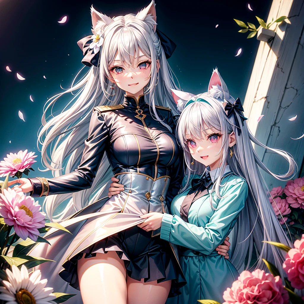 Silver hair, pink eyes, body, cat ears, adult girl, earrings, flower sky background, teal pink gold uniform, hair bows, happy face, thigh up, looking at viewer