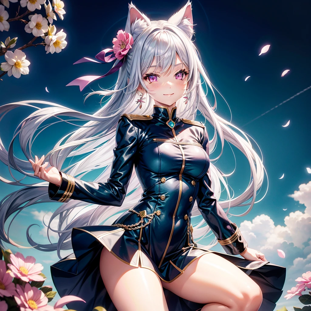 Silver hair, pink eyes, body, cat ears, sexy girl, earrings, flower sky background, green gold uniform, hair bows, bend over, happy face, full body