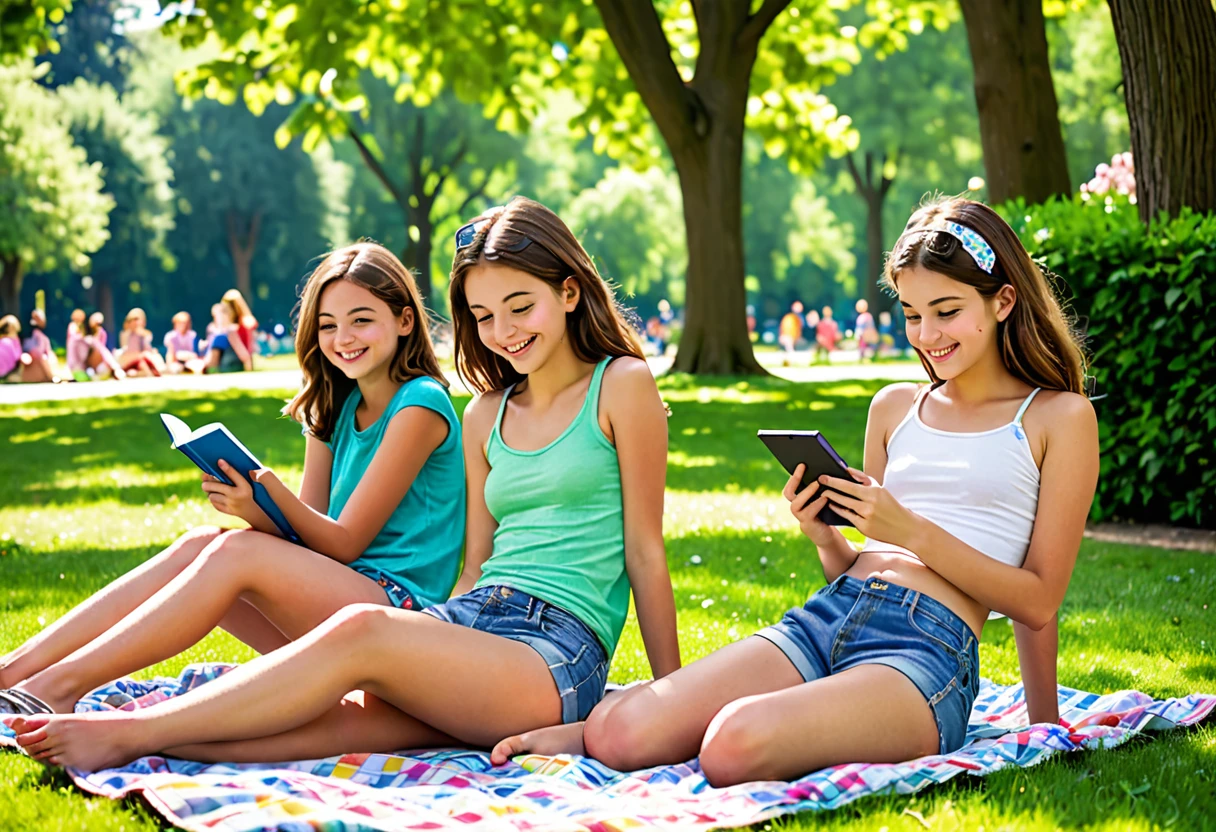 italy. Generate a highly realistic image of two italian teenage girls and a young italian girl lounging in a sunny park. The two teenage girls, around 12years old (small little breasts), and the young girl, about 8 years old (flat chest), are relaxing on a grassy area. All three are dressed in casual summer outfits: mini shorts and light tops. One teenage girl is leaning back on her elbows, legs stretched out in front, with a carefree smile as she chats with the other girl. The second teenager is sitting cross-legged, perhaps with a book or smartphone in hand, her expression relaxed and engaged. The young girl is lying on her stomach, propped up on her elbows, drawing or playing with a small toy, looking content. The park is lush and green, with scattered patches of shade from nearby trees. The background features a picturesque blend of trees, flowers, and a hint of a playground or walking path, populated with a few other park-goers in the distance. The scene captures the warmth of a sunny day, with natural light highlighting the vibrant colors of their clothing and the greenery around them. Include subtle details such as a picnic blanket partially under them, a water bottle, and perhaps a few snacks scattered casually. Their interactions should convey a sense of companionship and relaxation, fitting the peaceful and lively park setting.