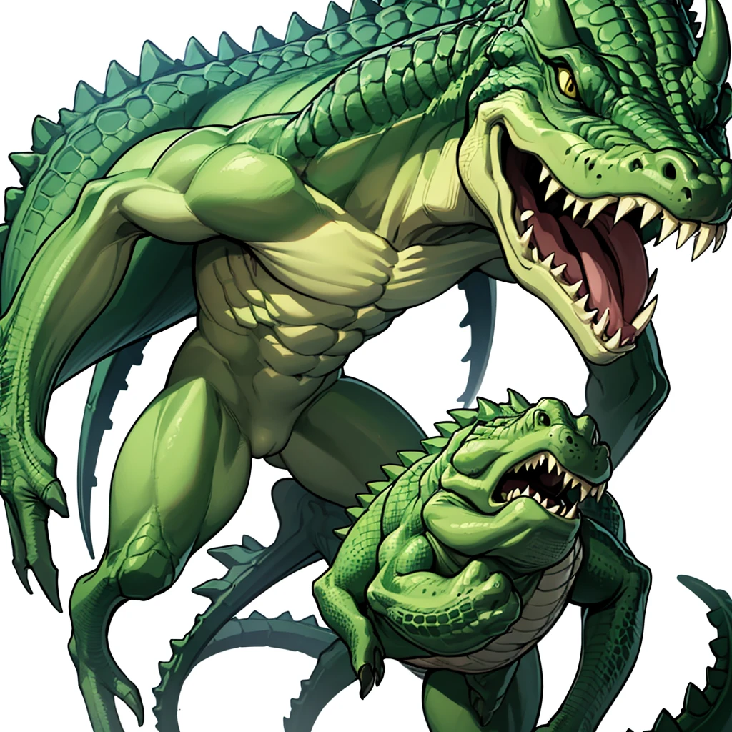 Libra, reptiles, Humanity, Crocodile, green body, scale, There is nothing there, Crocodilian, facial, Muscular, green scale, teeth、get annoyed、Fighting stance、Movement angle、Remains、(multiple、10)、(White background)、get annoyed、Open your mouth、(From above at an angle)