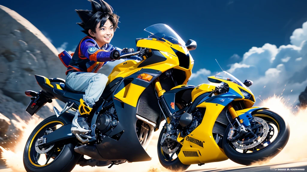 Goku from Dragon Ball, Black, spiky, Yellow and blue racing suit with "CAPSULE" and "BS" logos, number 14, Purple motorcycle with yellow accents, labeled "CAPSULE" and number 14
Goku riding the motorcycle, dynamic pose, Manga, Akira Toriyama's signature style Energetic, adventurous, Simple, light blue circular backdrop,