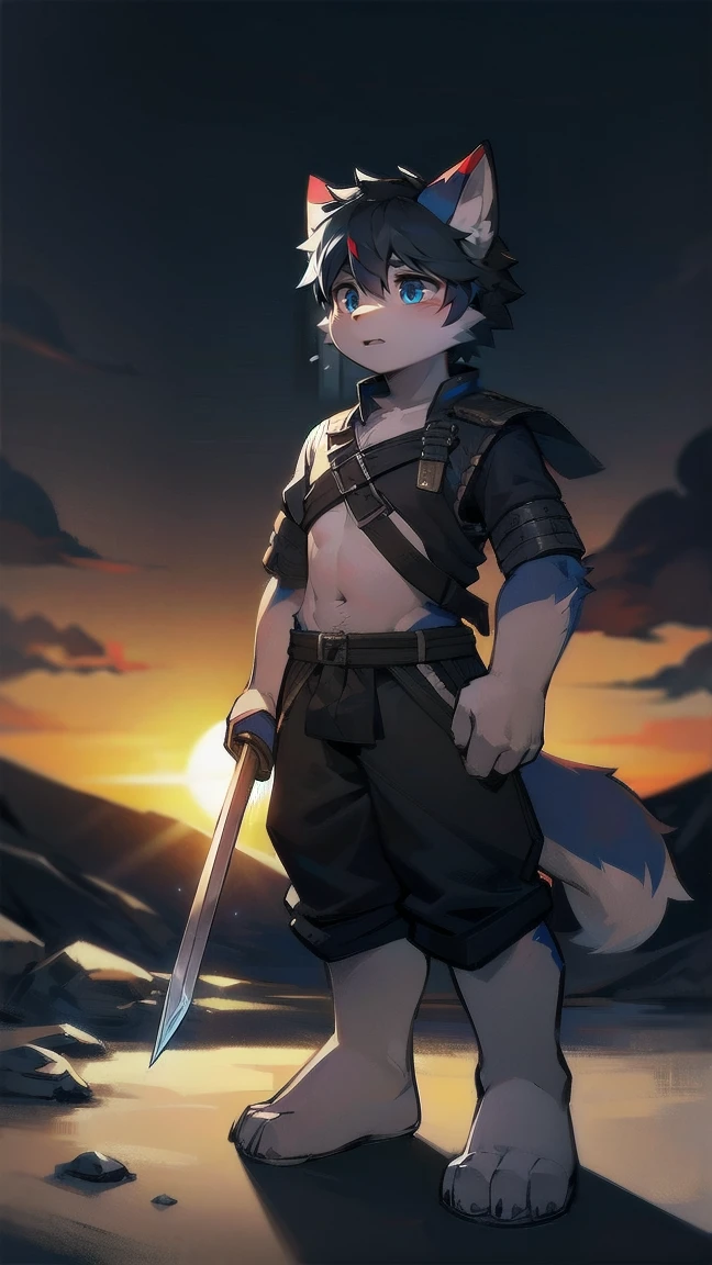 White Wolf,black hair,Sky blue eyes,hairy,Wolf ears,Wolf tail,Full body portrait,The character is in the center of the frame,Handsome,Confident eyes,male,juvenile,Black and white combat uniform,Red neck bib,Black shorts,Short sleeve,hairy arms and legs,Dark background,Dark battlefield,dawn,sunrise,dawn,illumination,shadow,Swordsman,Scabbard and sword,Hold the hilt of a sword in your hand,The scabbard is at the waist,Highest quality