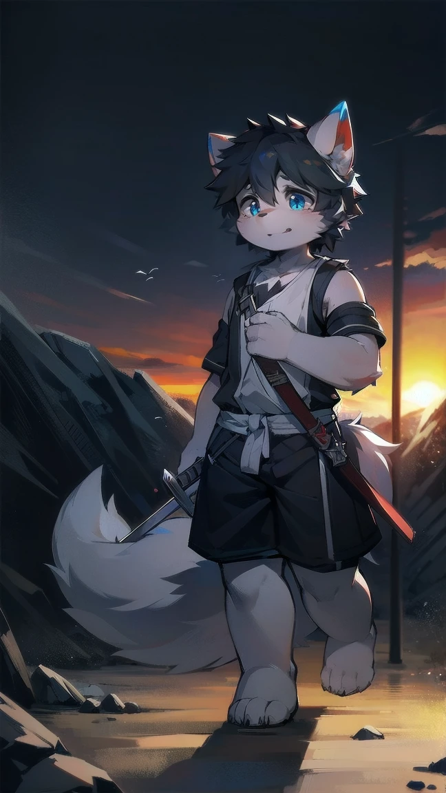 White Wolf，black hair，Sky blue eyes，hairy，Wolf ears，Wolf tail，Full body portrait，The character is in the center of the frame，Handsome，Confident eyes，male，juvenile，Black and white combat uniform，Red neck bib，Black shorts，Short sleeve，hairy arms and legs，Dark background，Dark battlefield，dawn，sunrise，dawn，illumination，shadow，Swordsman，Scabbard and sword，Hold the hilt of a sword in your hand，The scabbard is at the waist，Highest quality