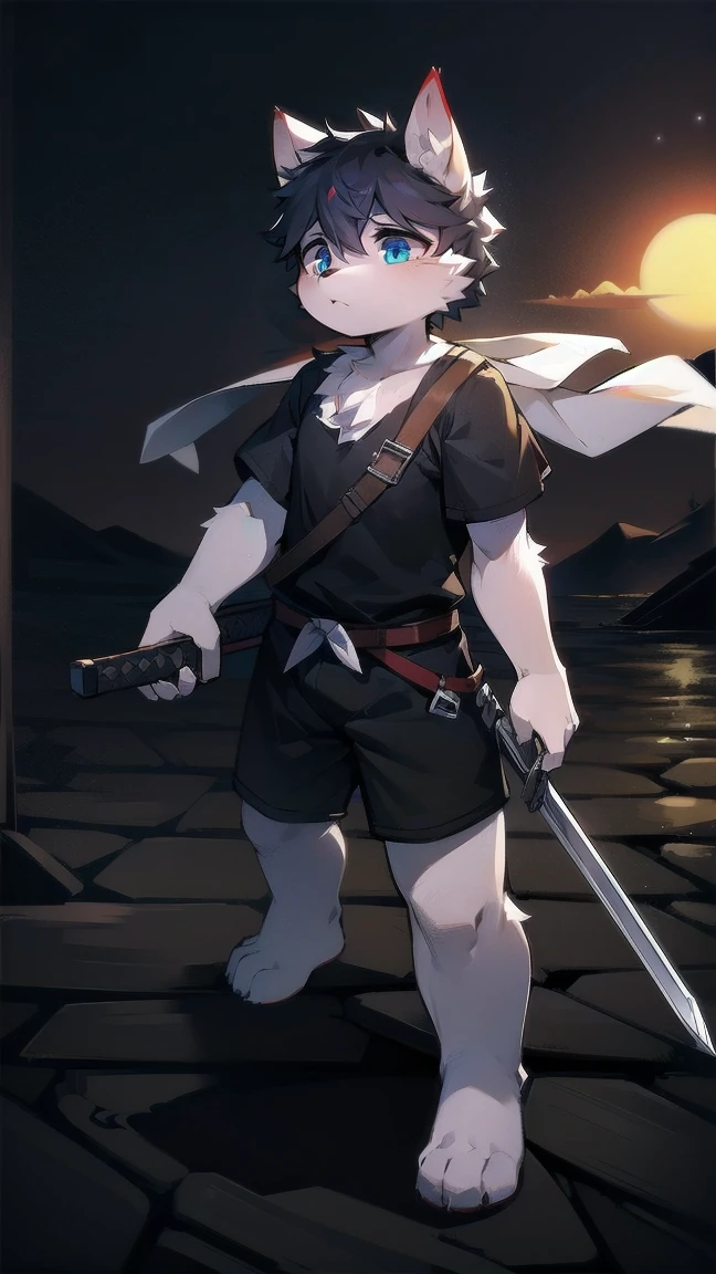 White Wolf，black hair，Sky blue eyes，hairy，Wolf ears，Wolf tail，Full body portrait，The character is in the center of the frame，Handsome，Confident eyes，male，juvenile，Black and white combat uniform，Red neck bib，Black shorts，Short sleeve，hairy arms and legs，Dark background，Dark battlefield，dawn，sunrise，dawn，illumination，shadow，Swordsman，Scabbard and sword，Hold the hilt of a sword in your hand，The scabbard is at the waist，Highest quality