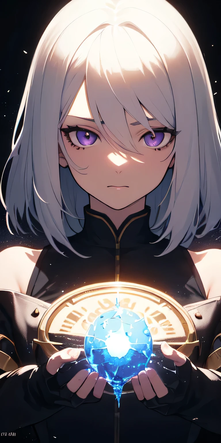 (masterpiece, best quality, ultra-detailed, best shadow), (detailed background,dark fantasy), (beautiful detailed face), high contrast, (best illumination, an extremely delicate and beautiful), ((cinematic light)), colorful, hyper detail, dramatic light, intricate details, (1girl, solo,white hair, sharp face,purple eyes, hair between eyes,dynamic angle), blood splatter, swirling black light around the character, depth of field,black light particles,(broken glass),magic circle,