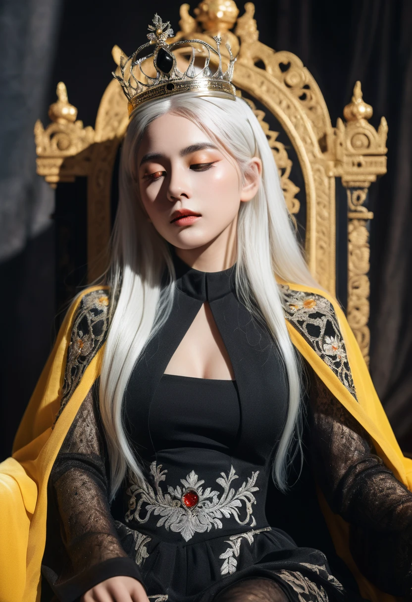 Hyperrealistic art, regal theme, low angle shot, highly detailed and intricate. A solo female with a perfect body, white hair, and glowing yellow eyes, dressed in black see-through clothes with an emperor’s aura. She’s wearing a crown, sitting on a throne, her eyes slightly closed and looking downward with a shy expression. The scene captures her turning her head, highlighting her detailed makeup and the high contrast lighting. The background is illuminated with cinematic light, creating a colorful and extremely delicate atmosphere.