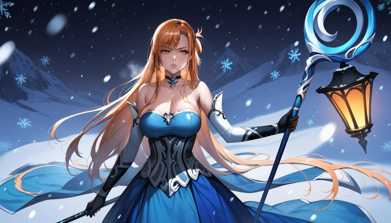 score_9, score_8_up, score_7_up, score_6_up, uncensored, Yuuki Asuna, absurdly long hair, orange eyes, orange hair, very long hair, lips, shiny skin, sweating, wet, wet hair, steaming body, heavy breathing, large breasts, detailed body, detailed eyes, expressionless, glaring eyes, 1girl, staff, solo, snowing, bare_shoulders, breasts, gloves, jewelry, holding_staff, snow, blue_dress, detached_sleeves, snowflakes, holding, strapless_dress, choker, strapless, looking_at_viewer, holding_staff, standing,