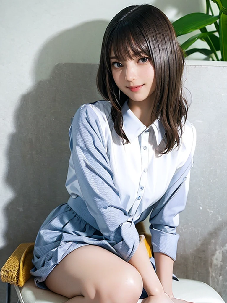 raw photo, 1girl, medium breast, collared blouse, White blouse, light smile, detailed skin, simple background, Above the knee, sit on a chair, photorealistic, masterpiece, best quality, anatomically correct
