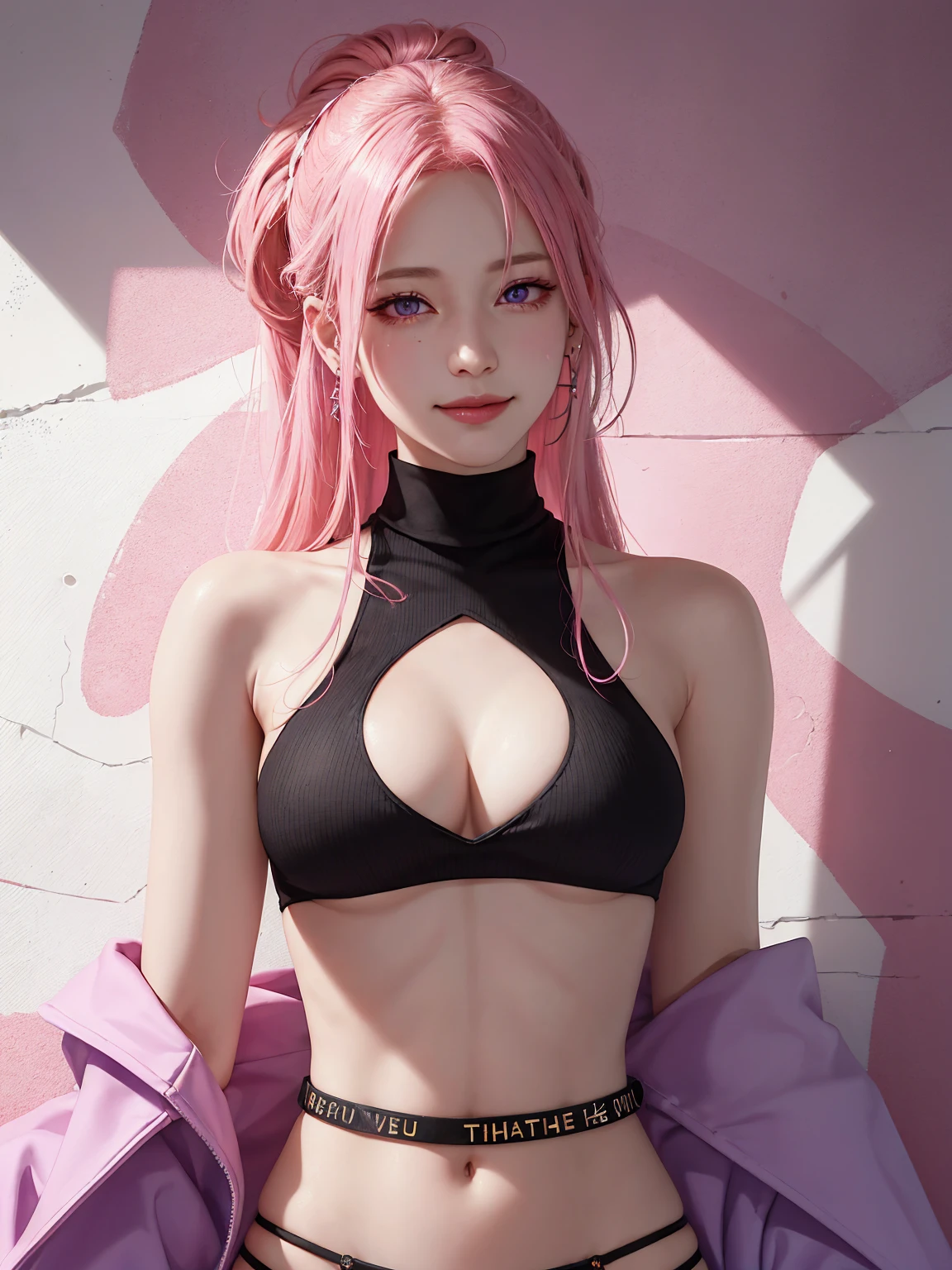 (Masterpiece, best quality, 1 girl, alone, complicated details, Chromatic aberration), realistic, ((Moderate breath)),long hair, pink hair, Red headpiece, Pink Highlights, hair on one eye,purple eyes, earring, sharp eyes, choker, Neon coat, She wears a collar, bangle, and kimono style garters., crop top, (symmetrical eyes),(Perfect symmetrical body),against the wall, Brick wall, (colorful graffiti words on the wall:1.2), The light is dim., alley ,Look at the viewer.、Dig the chest、smile、(sleeveless、Navel touch、Fitted turtleneck.)、street string hot pants、Thin bottom、Please build above the eaves..、Thin shoulders、in underwear、