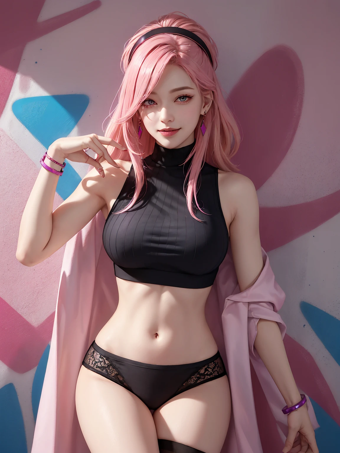 (Masterpiece, best quality, 1 girl, alone, complicated details, Chromatic aberration), realistic, ((Moderate breath)),long hair, pink hair, Red headpiece, Pink Highlights, hair on one eye,purple eyes, earring, sharp eyes, choker, Neon coat, She wears a collar, bangle, and kimono style garters., crop top, (symmetrical eyes),(Perfect symmetrical body),against the wall, Brick wall, (colorful graffiti words on the wall:1.2), The light is dim., alley ,Look at the viewer.、Dig the chest、smile、(sleeveless、Navel touch、Fitted turtleneck.)、street string hot pants、Thin bottom、Please build above the eaves..、Thin shoulders、in underwear、
